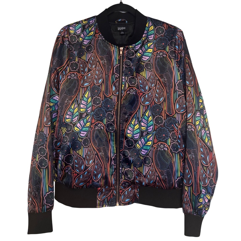 Jaxon Bomber Jacket Women  Psychedelic Paisley Neon Bird Leaf Print Zip Size L